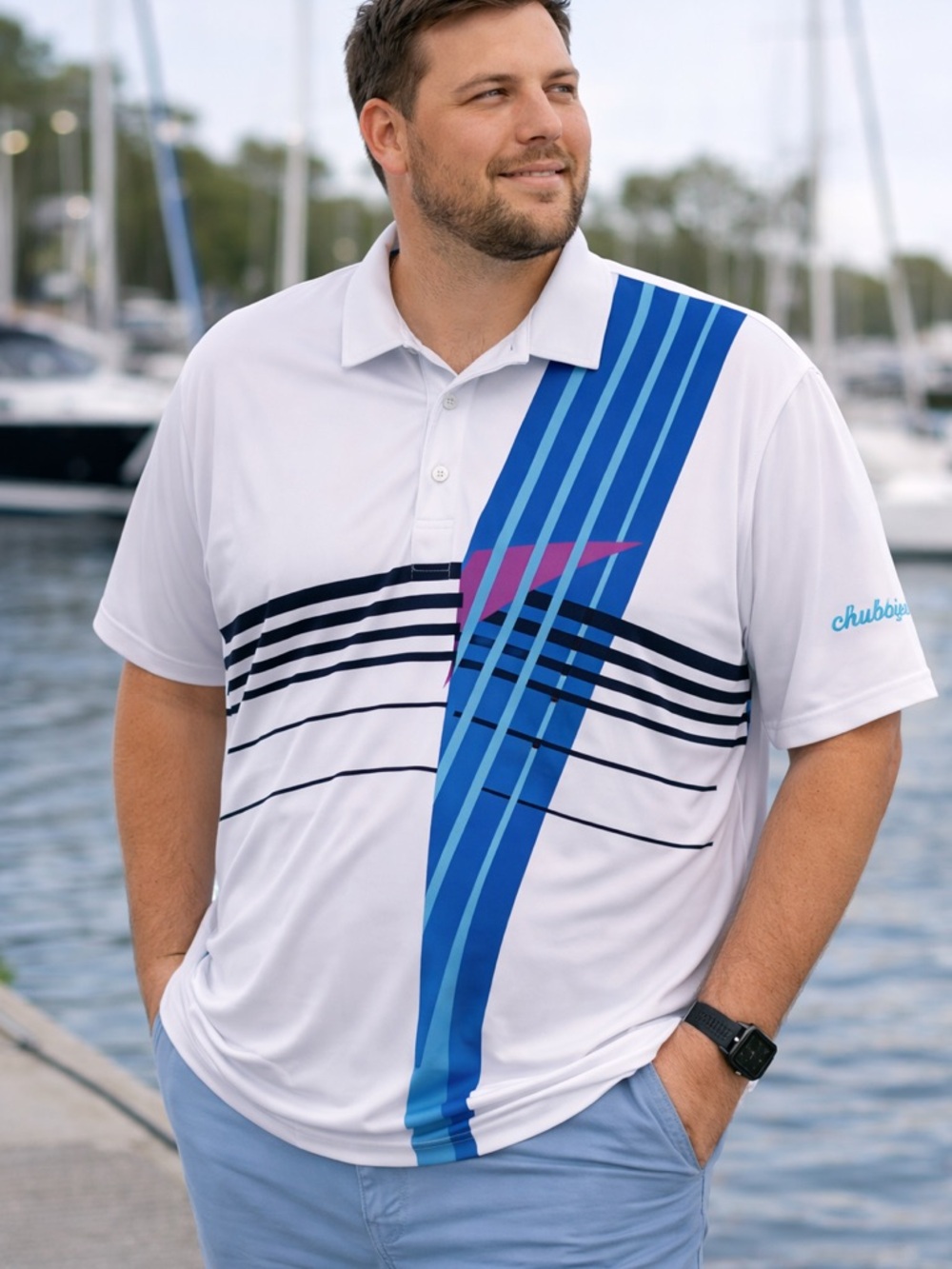 Chubbies Performance Polo Shirt White Blue Graphic Print 2XL Stretch - Picture 2 of 6